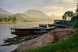 High angle shot of boats moored onto the pier of Mekong River in Luang Prabang, Laos