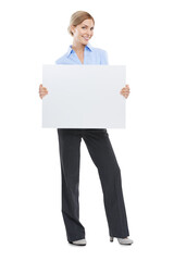 Wall Mural - Portrait, professional and woman with poster, mockup and girl isolated against a transparent background. Face, female employee and consultant with blank board, brand development in png