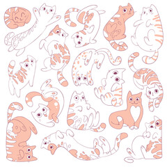Canvas Print - Seamless pattern with cats. Set of cute kitties in different poses. Funny cartoon character. Vector illustration. White background