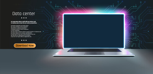 Poster - screen and a desk in a dark room with blue lighting. Technological background with a laptop. Vector illustration Metallic Laptop Mock-Up on stand and blue light placed 