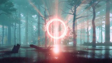 Wall Mural - mystical forest swamp with fantastic glowing portal to another world and supernatural fairy firefly 