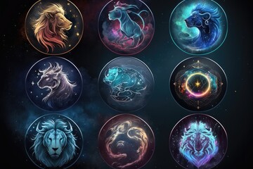 Poster - Lion zodiac signs set. Zodiacal horoscope collection
