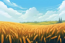 Illustration of ripe wheat field against blue sky. Generative AI