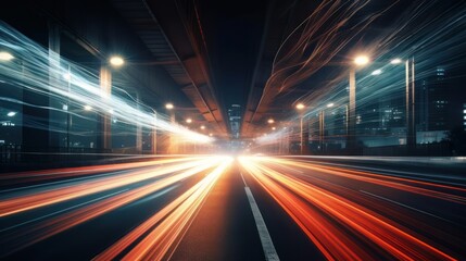 Poster - Illustration showing hyperloop speed warp with smeared lights from a megacity at night. Generative AI