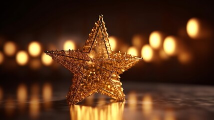 Poster - A star shaped Christmas ornament suspended on a branch with bokeh of light strands. Generative AI