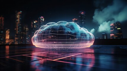 Poster - Neon cloud computing technology concept. Generative ai