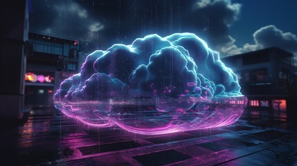 Poster - Neon cloud computing technology concept. Generative ai