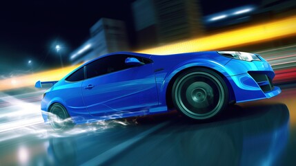  a blue sports car driving down a city street at night with motion blurs on the road and buildings in the background at night time.  generative ai