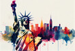 Statue of Liberty with a vibrant New York City skyline in the backdrop - popular tourist cities, tourism, watercolor style Generative AI