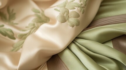  a close up of a green and beige fabric with a flower design on the side of the fabric and a flower design on the side of the fabric.  generative ai