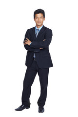 Wall Mural - Asian, portrait and business man with arms crossed standing isolated on transparent png background. Confidence, professional or executive, person or serious entrepreneur from Japan with pride for job