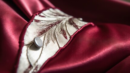  a close up of a red satin material with a leaf design on it and a button on the side of the fabric with a white button.  generative ai