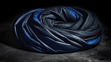  a black and blue cloth is laying on the floor in the dark room with a black background and a black floor with a black floor.  generative ai