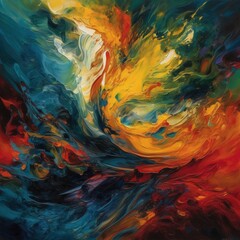 Wall Mural -  an abstract painting of a colorful sky and water with a red, yellow, blue, and green swirl on the left side of the painting.  generative ai