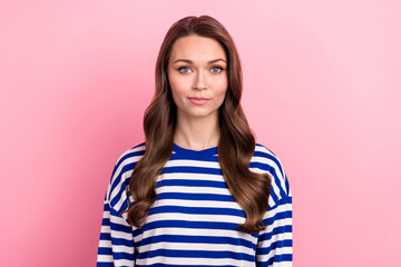 Wall Mural - Photo of gorgeous pretty nice woman with wavy hairdo dressed striped shirt smiling look at camera isolated on pink color background