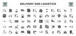 © Abstract - set of delivery and logistics filled icons. delivery and logistics glyph icons such as logistic, side up, delivery list, cart, conveyor, logistic protection, zip code, unpacking, on door vector.