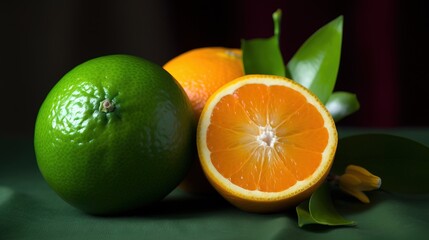  two oranges and a lime on a green tablecloth with leaves and a red rose on the side of the table with a green background.  generative ai