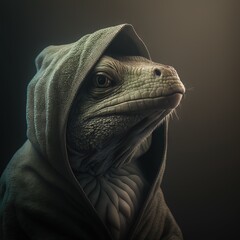 Sticker -  a lizard with a hoodie on its head is staring at something in the distance with a black background and a black light in the background.  generative ai