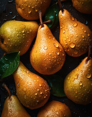 Wall Mural - fresh yellow pear fruit with visible water drops, top view