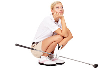 Canvas Print - Golf, thinking and bored woman with club for sports activity or kneeling thoughtful. Athlete golfer person waiting, upset or sad about competition fail isolated on a transparent, png background