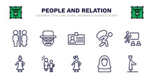 Set Of People And Relation Thin Line Icons. People And Relation Outline Icons Such As Zorro, Identification Ard, Burden, Classroom Stats, Bearded Woman, Sexual Harassment, Costa Rica, Arab Woman,