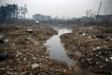 Ecological catastrophy. Garbage dump in the river near the city. Generative AI