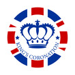 Royal crown in flat style on a round british flag background with text King's coronation. Badge, emblem, logo in honor of the coronation of the new King of England. Vector illustration.