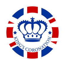 Royal Crown In Flat Style On A Round British Flag Background With Text King's Coronation. Badge, Emblem, Logo In Honor Of The Coronation Of The New King Of England. Vector Illustration.