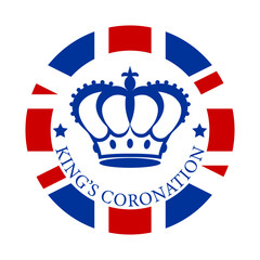 royal crown in flat style on a round british flag background with text king's coronation. badge, emb