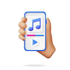 Poster - 3D Hand with Music Cloud Note in Mobile Phone. Render Smartphone Streaming Music Platform Icon. Modern Music Service. Note Realistic Design. Musical Note, Sound Song or Noise Sign. Vector illustration