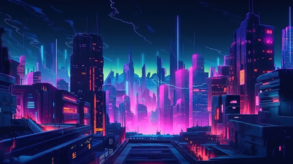 Wall Mural - 3d Retro wave city background. Generative Ai