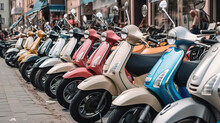 Motorcycles For Rent Or For Sale On The City Street. Generative Ai