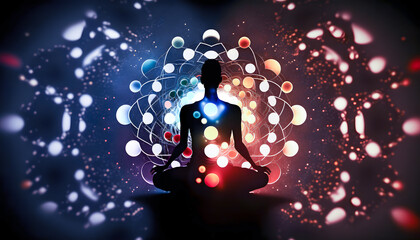 Wall Mural - Astral yoga silhouette of human in cosmic space meditate. Back view man practicing transcendental spiritual meditation. Generation AI