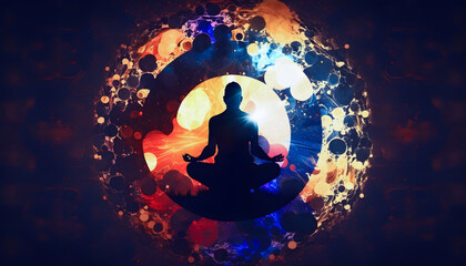 Wall Mural - astral yoga silhouette of human in cosmic space meditate. back view man practicing transcendental sp