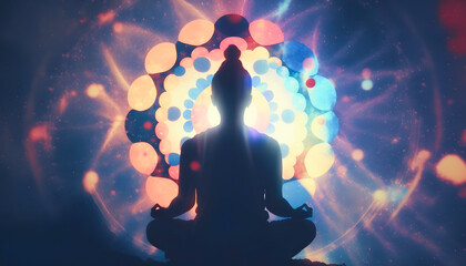 Wall Mural - astral yoga silhouette of human in cosmic space meditate. back view man practicing transcendental sp