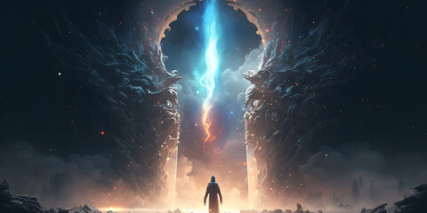 Wall Mural - astral silhouette of human in cosmic space meditate. back view man fly transcendental spiritual medi