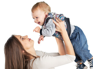 Happy mother with sweet baby boy on white background