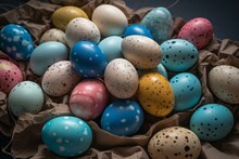 A Pile Of Colorful Eggs With Polka Dot Designs On Them, All In Different Colors And Sizes, All In A Square Frame, With A White Border Around The Edges And A Blue Border. Generative AI