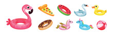 Inflatable Swimming Accessories With Rubber Ring And Mattress Vector Set