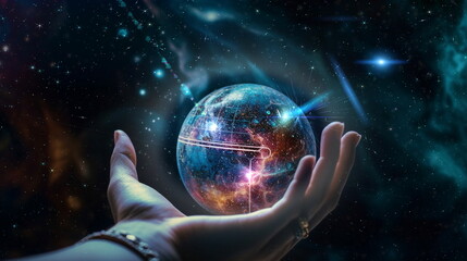 hand hold  earth globe  cosmic univerce starry flares planet  concept generated ai