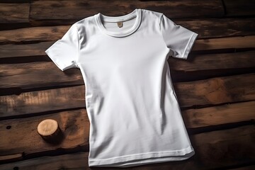 Wall Mural - White empty t-shirt on wooden background, top view. Mockup template. Generative Ai.