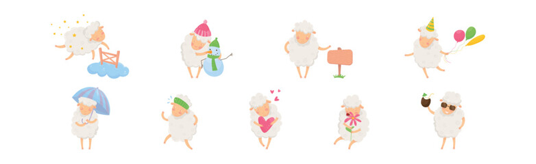 Canvas Print - Funny Fluffy Sheep Character Engaged in Different Activity Vector Set