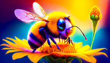 Bee Sitting On Top Of Flower With Its Eyes Closed And Yellow Flower In Front Of It. Generative AI.