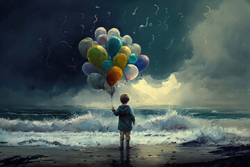 Wall Mural - digital illustration painting of child holding balloons standing in front of fantasy storm, sea. (ai generated)