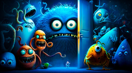 Wall Mural - Group of cartoon monsters standing in front of open door to another room. Generative AI.