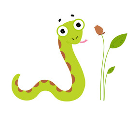 Wall Mural - Happy Green Snake or Serpent Crawling Near Plant Stalk Vector Illustration