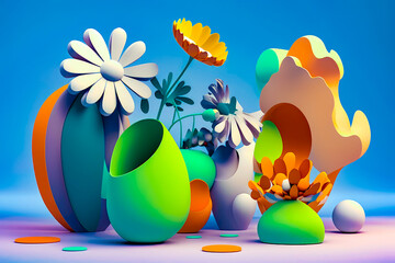 Wall Mural - Bunch of vases that are sitting on the ground with flowers in them. Generative AI.