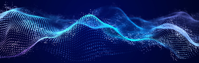 Fototapete - Abstract wave of many glowing particles. Network of neon dots. Big data. Digital background. 3d rendering