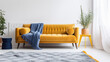 Mustard Couch with Navy blue blanket in a bright living room AI