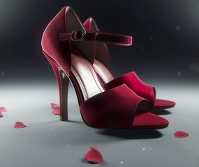 Canvas Print - Dark red tango shoes, high heel stilettos on a black background decorated with rose flower. AI generative.